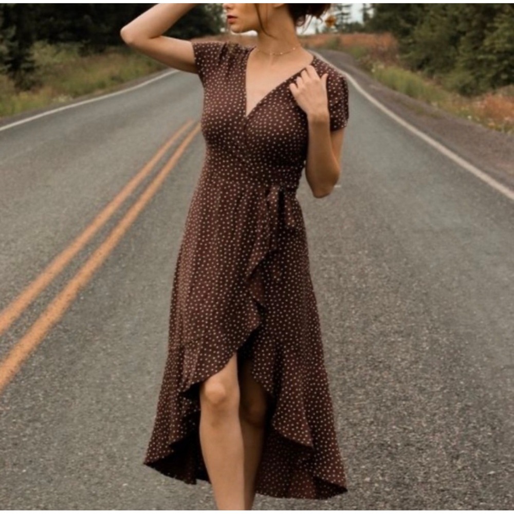 Abercrombie & Fitch Polka Dot Wrap Dress Brown High Low Ruffle Hem Womens Small
